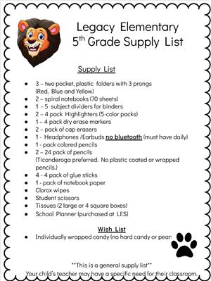 5th grade supply list